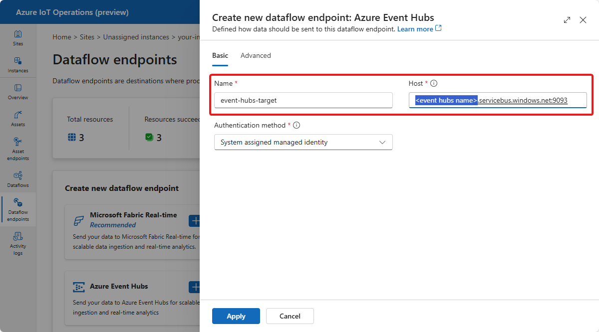 Capture d'écran de la page Créer un nouveau point de terminaison de flux de données : Azure Event Hubs.