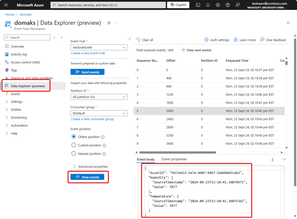 Capture d’écran de la page **Data Explorer** de l’instance Event Hubs.