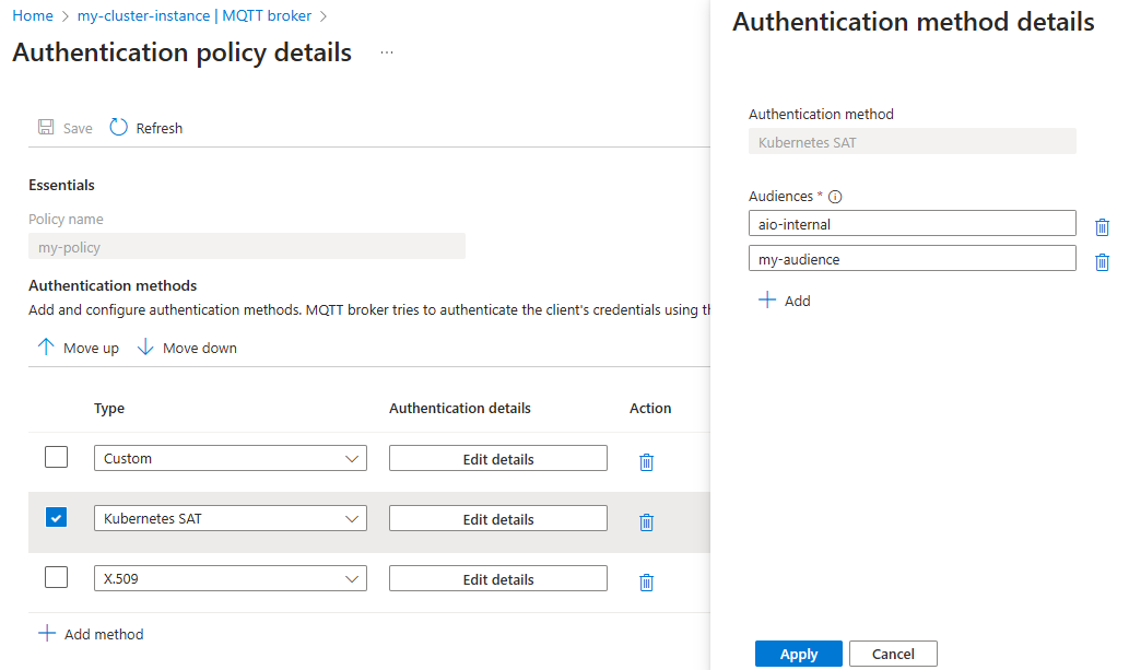 Capture d’écran montrant la définition de la méthode d’authentification SAT pour l’Agent MQTT dans le portail Azure.