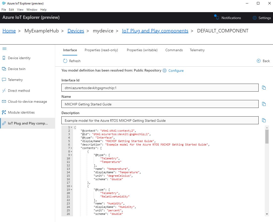 Capture d’écran du composant DevKit MXCHIP par défaut dans IoT Explorer