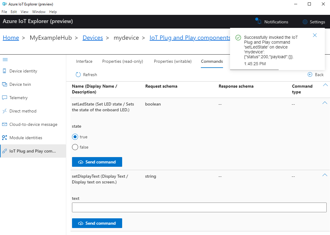 Capture d’écran d’appel de la méthode setLedState dans IoT Explorer