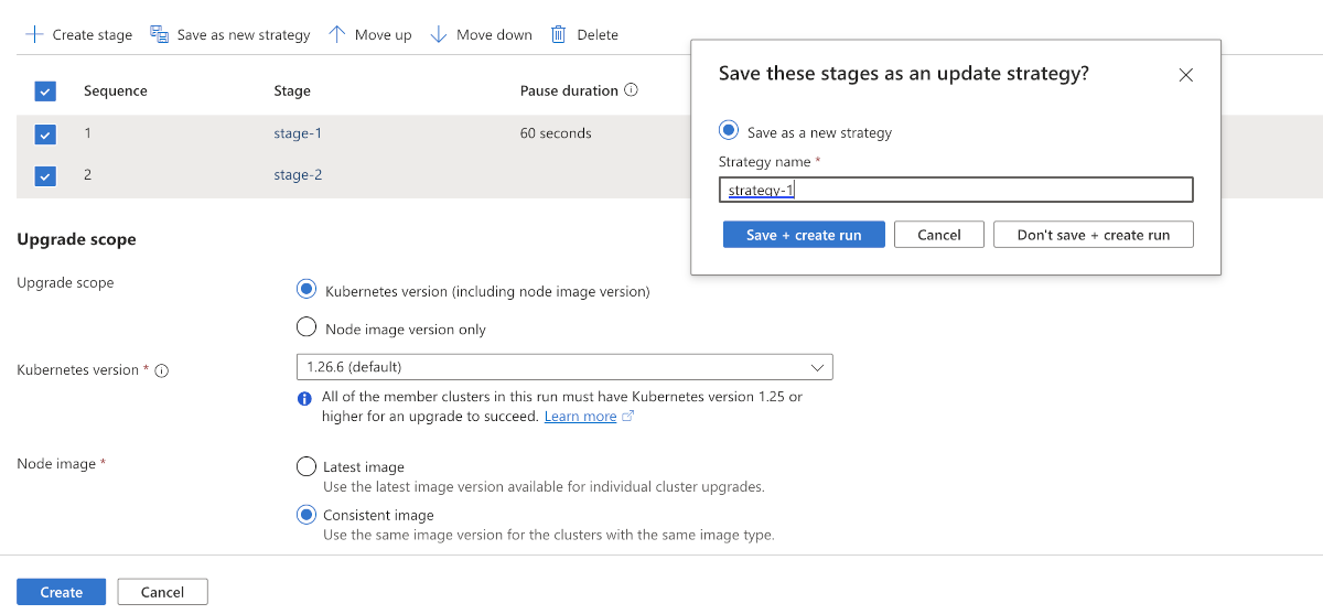 Capture d’écran du Portail Azure illustrant des phases d’exécution de mise à jour étant enregistrées en tant que stratégie de mise à jour.