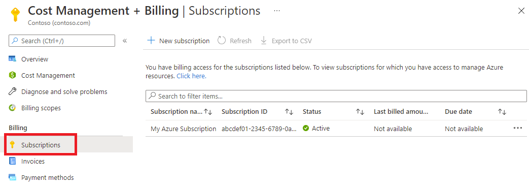 Capture d’écran montrant la page Abonnements dans Cost Management + Billing. Le menu Abonnements est mis en surbrillance.