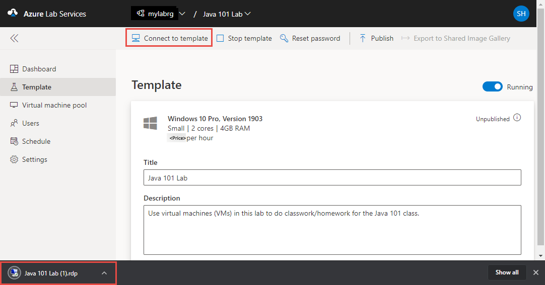 Capture d’écran de la page Modèle dans le portail Lab Services avec le bouton Se connecter au modèle mis en évidence.