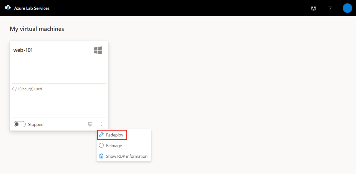 Capture d’écran montrant l’option de menu Redéployer une machine virtuelle dans le portail web Lab Services.