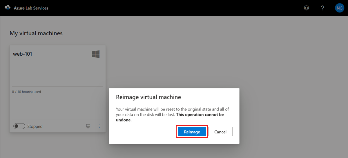 Capture d’écran montrant la boîte de dialogue de confirmation de la réinitialisation d’une seule machine virtuelle dans le portail web Lab Services.