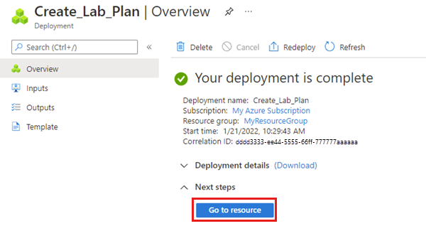 Capture d’écran montrant que le déploiement de la ressource plan labo est terminé.