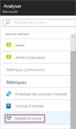 Lien vers Service Health sur Azure Monitor.