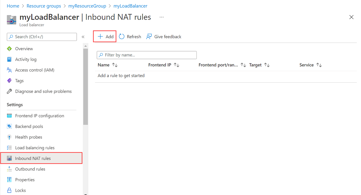 Capture d’écran de la page Règles NAT de trafic entrant pour Azure Load Balancer