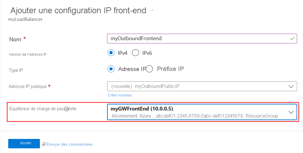 Capture d’écran de l’écran Ajouter une configuration d’adresse IP front-end.