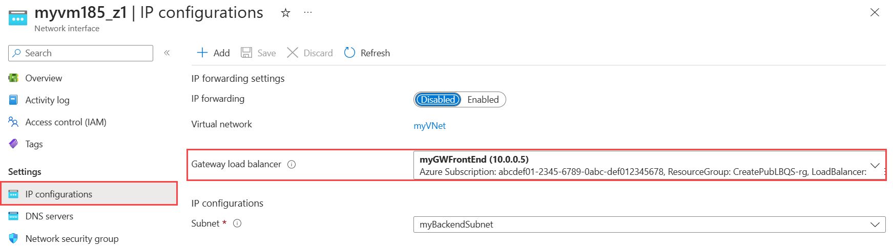 Capture d’écran de la sélection de l’équilibreur de charge de passerelle dans les paramètres de configuration d’adresse IP.