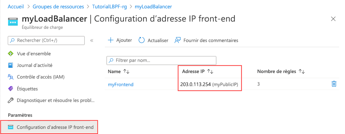 Capture d’écran de l’adresse IP publique dans le portail Azure.