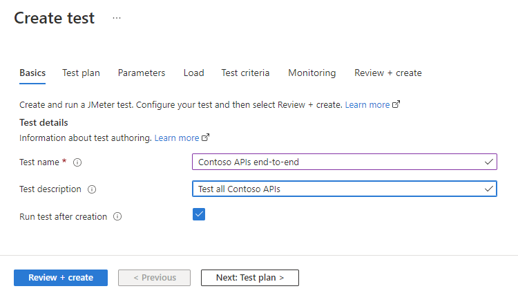 Capture d'écran montrant la page de création d'un test avec un script J Meter dans le portail Azure.