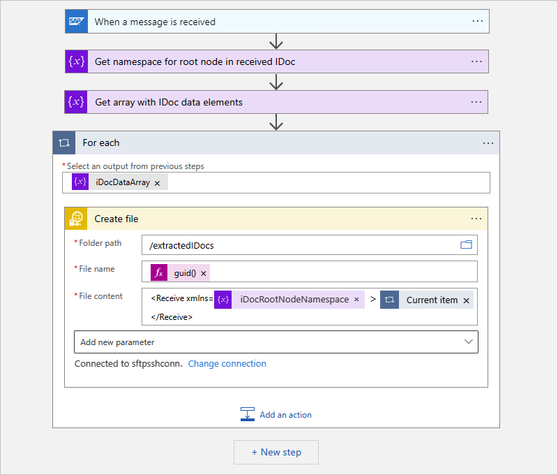 Capture d’écran montrant l’envoi d’un IDoc à un serveur SFTP à partir d’un workflow Consommation.