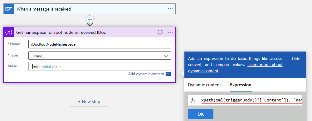 Capture d’écran montrant l’expression pour obtenir l’espace de noms pour le nœud racine à partir de l’IDoc reçu pour un workflow Consommation.