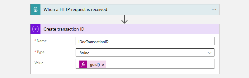 Capture d’écran montrant un workflow Consommation avec l’action nommée Créer un ID de transaction.