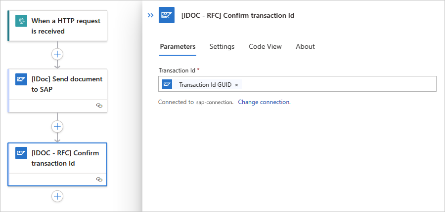 Capture d’écran montrant un workflow Standard avec l’action nommée Confirmer l’ID de transaction, qui inclut la sortie GUID de l’action précédente.