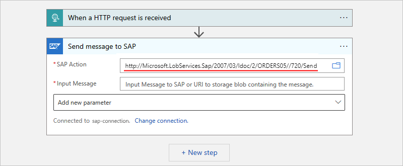 La capture d'écran montre le flux de travail de la consommation, l'action intitulée Envoyer le message à SAP et la boîte d'action SAP avec le chemin d'accès saisi manuellement pour l'action SAP intitulée Envoyer.