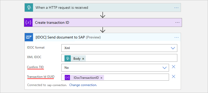 Capture d’écran montrant un workflow Consommation avec l’action nommée IDOC Envoyer un document à SAP.