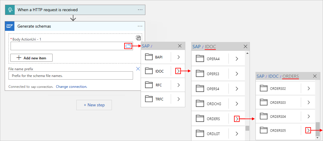 Capture d’écran montrant un workflow Consommation, l’action Générer des schémas et la recherche d’une action Orders (Commandes).