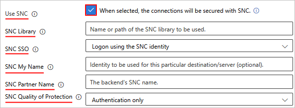 Capture d’écran montrant les paramètres de connexion SAP avec SNC activé pour le flux de travail Consommation.