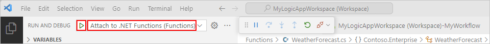 Capture d’écran montrant la liste Exécuter et déboguer avec l’option Attacher à des fonctions .NET (Functions) et le bouton Lire sélectionnés.