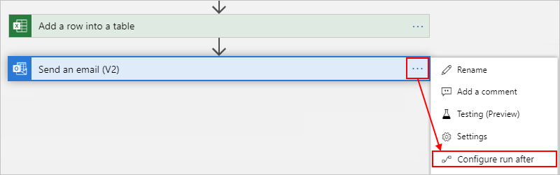 Capture d’écran montrant le concepteur de workflow Consommation et l’action en cours avec des ellipses et « Configurer la propriété Exécuter après ».