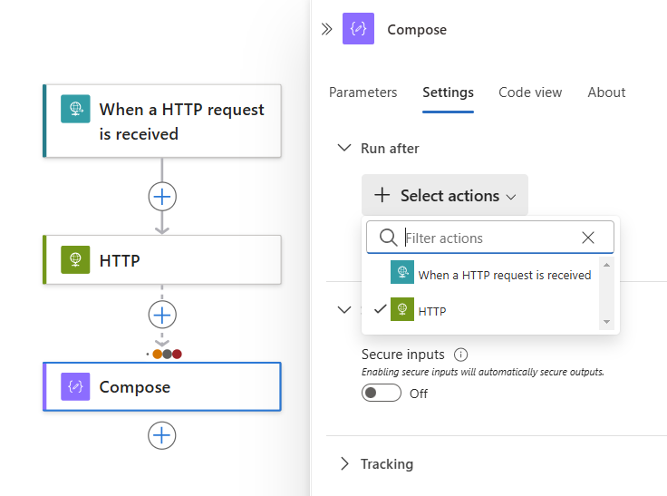 Capture d’écran montrant l’action actuelle et plusieurs actions de prédécesseur disponibles.