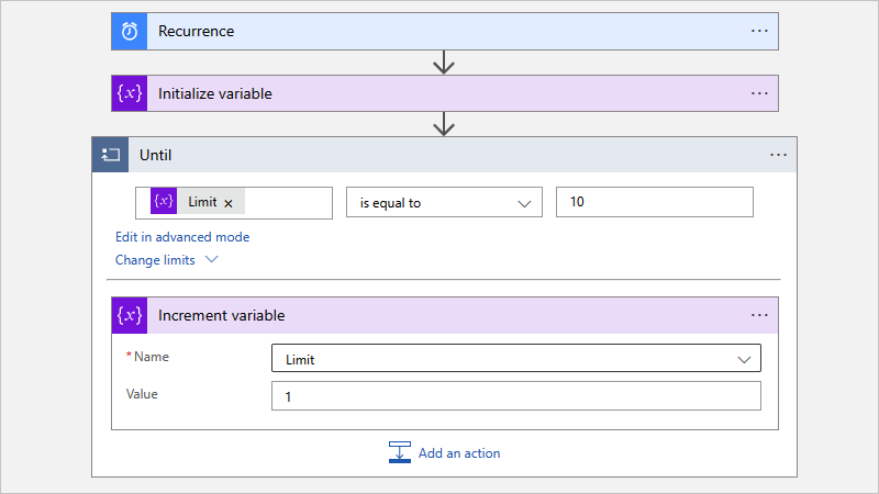 Capture d’écran représentant le workflow « Consommation » et l’action intégrée nommée « Jusqu’à » avec le nom défini sur la variable « Limite » et la valeur sur 1.