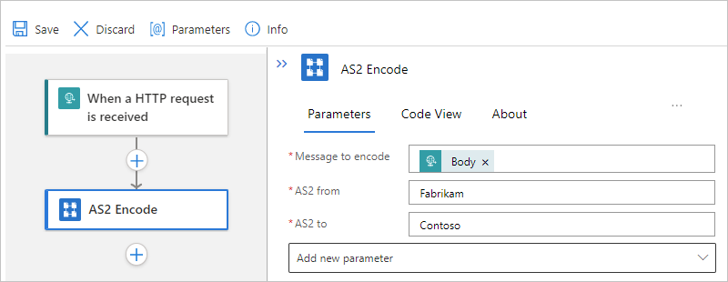 Capture d’écran montrant le concepteur de workflow Standard et l’action « Encodage AS2 » avec les propriétés d’encodage de message.