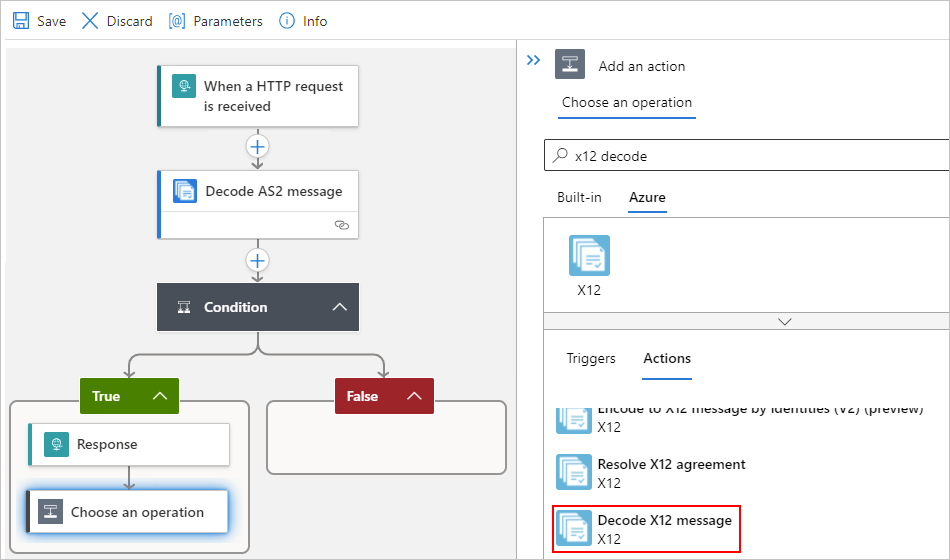 Capture d’écran montrant le concepteur monolocataire et l’action « Décoder un message X12 » sélectionnée.