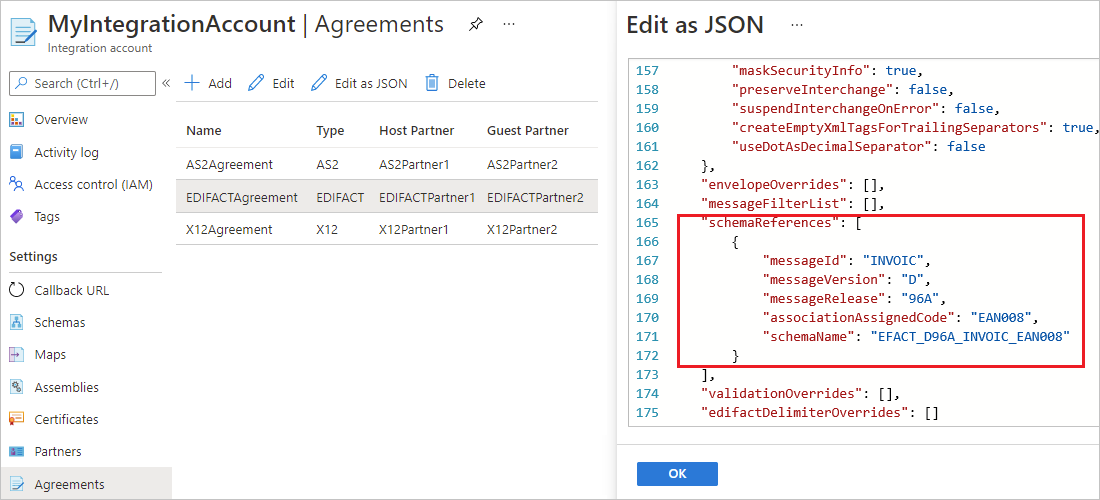 Capture d’écran montrant le Portail Azure avec la section « receiveAgreement » de l’accord EDIFACT dans l’éditeur JSON, et la section « schemaReferences » est mise en surbrillance.