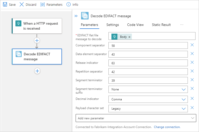 Capture d’écran montrant l’opération « Décoder le message EDIFACT » avec les propriétés de décodage du message.