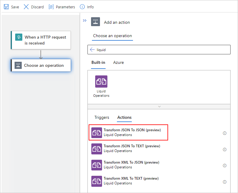 Capture d’écran montrant un flux de travail Standard avec une action Liquid sélectionnée.