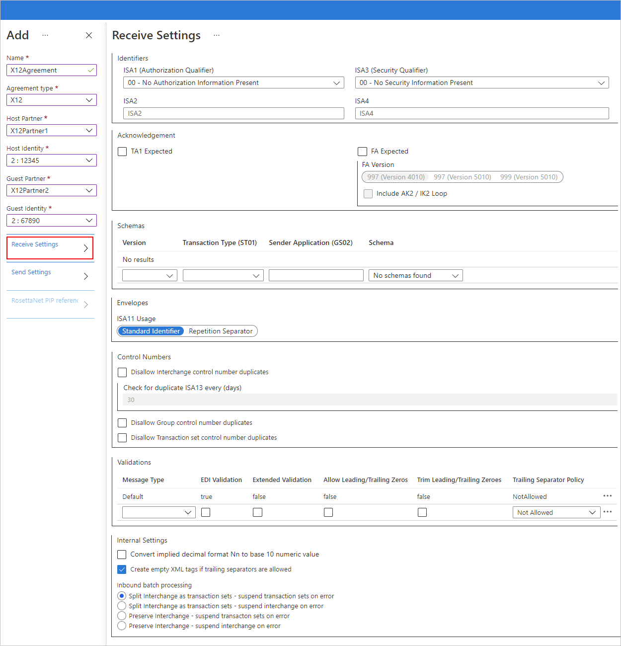 Capture d’écran montrant le Portail Azure et les paramètres de l’accord X12 pour les messages entrants.