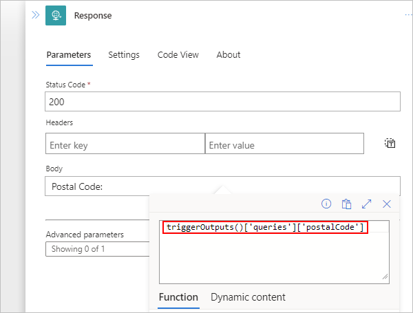 Capture d’écran montrant le flux de travail standard avec l’action de réponse et un exemple d’expression triggerOutputs().