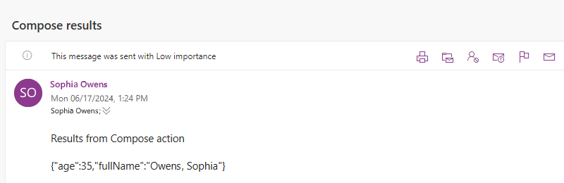 Capture d’écran montrant l’e-mail avec les résultats de l’action Composer.