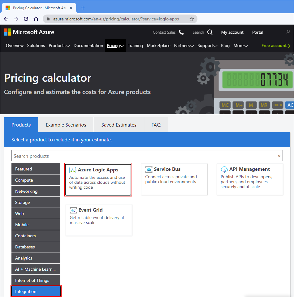 Capture d’écran montrant la calculatrice de prix Azure avec l’option « Azure Logic Apps » sélectionnée.