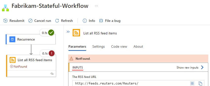 Capture d’écran montrant un workflow Standard avec les entrées d’une étape en échec.