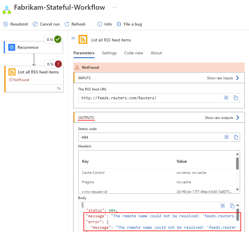 Capture d’écran montrant un workflow Standard avec les sorties d’une étape en échec.