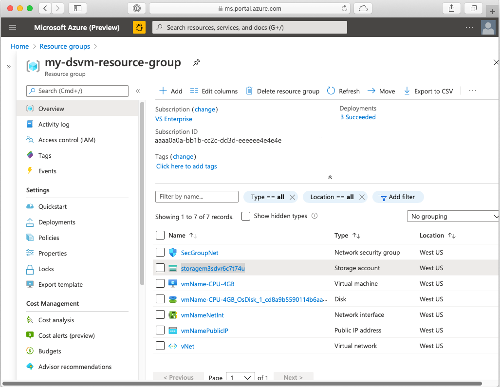 Capture d’écran d’un groupe de ressources de base contenant une machine virtuelle DSVM