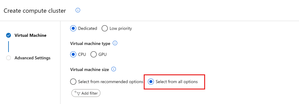 Capture d’écran montrant Sélectionner parmi toutes les options pour afficher les ressources de calcul qui ont besoin d’une augmentation de quota