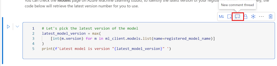 Capture d’écran de l’outil d’ajout d’un commentaire à une cellule de code.