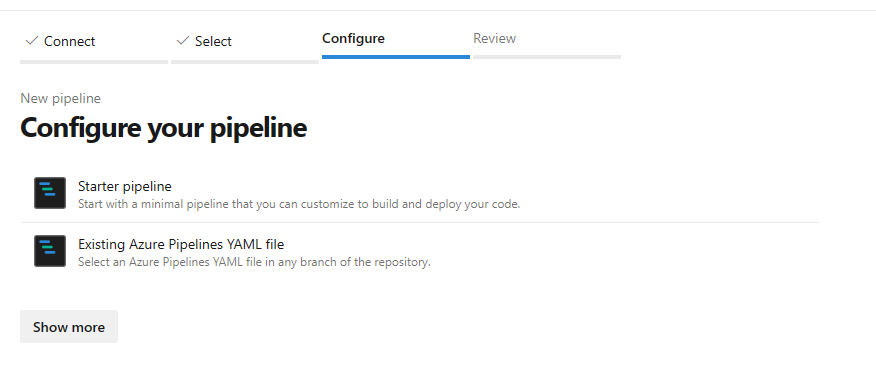 Capture d’écran de la page Pipeline Azure DevOps à l’étape de configuration.