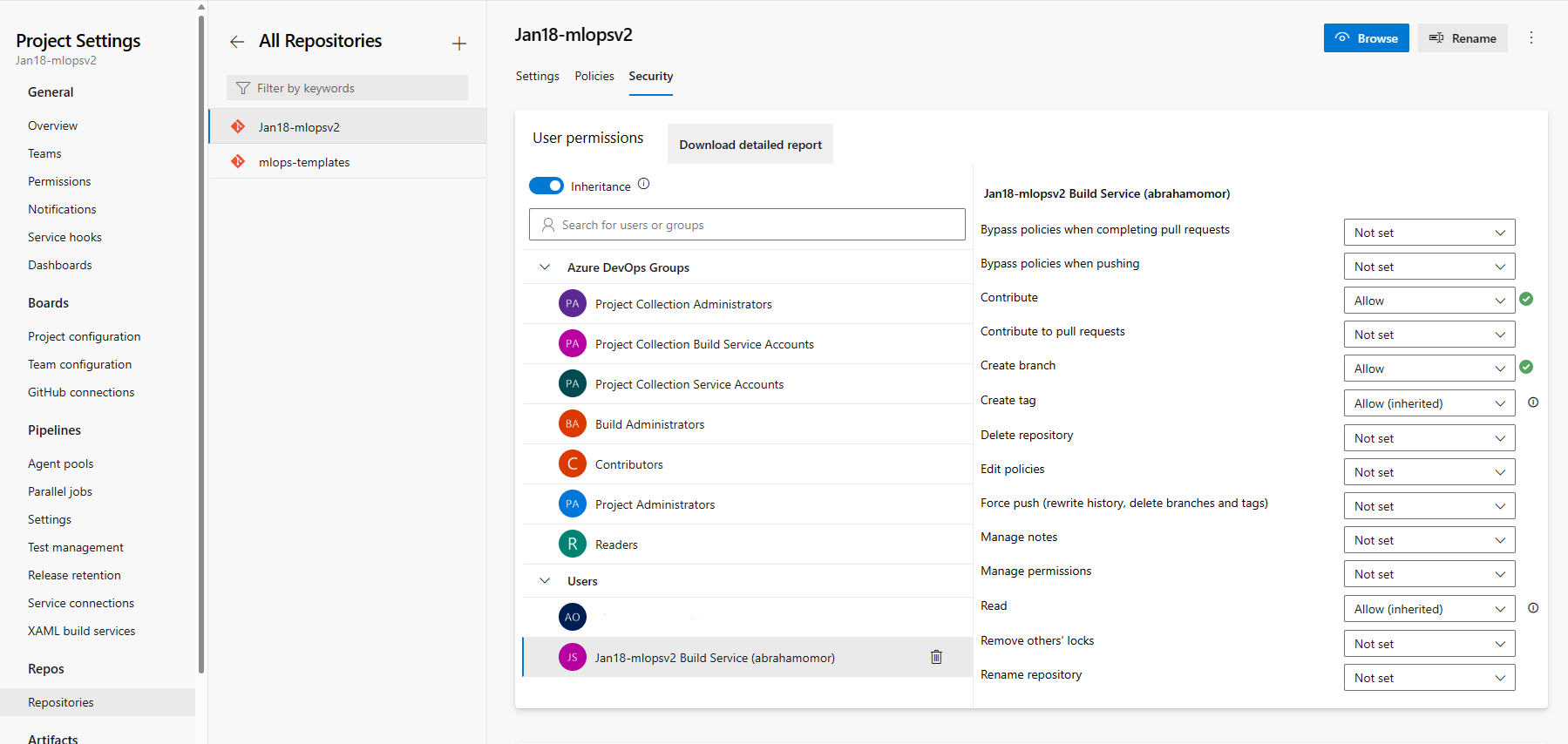 Capture d’écran des autorisations Azure DevOps.