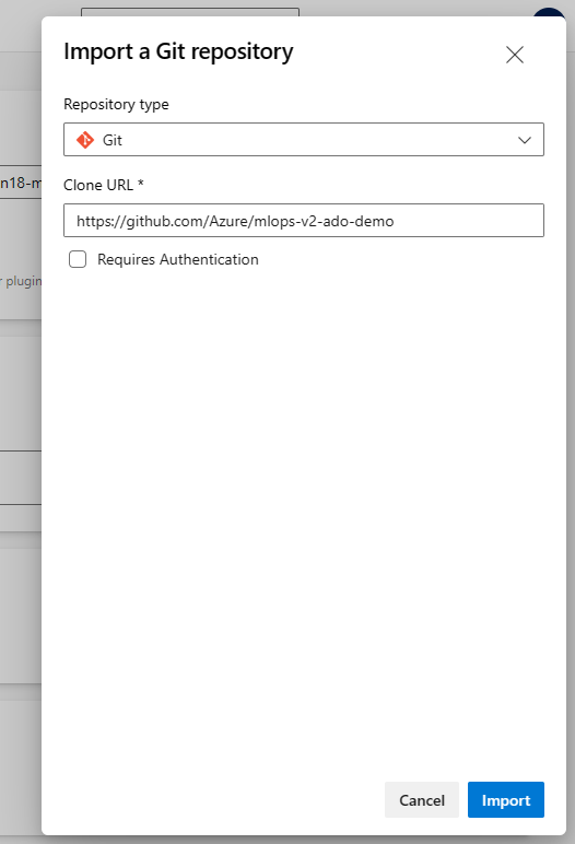 Capture d’écran de l’importation du dépôt de démonstration MLOps dans Azure DevOps.