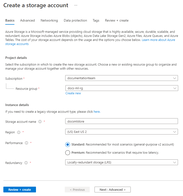 Capture d’écran de la configuration de base d’un compte de stockage.