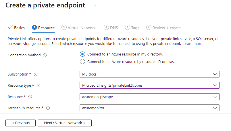 Capture d’écran des ressources de point de terminaison privé Azure Monitor.