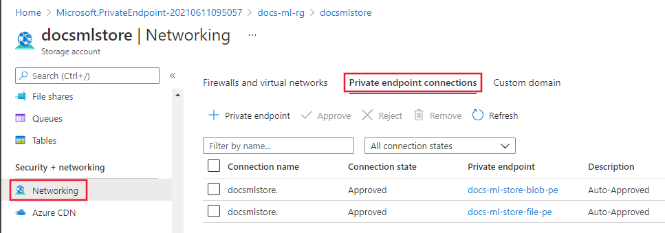 Capture d’écran des connexions de point de terminaison privé de stockage.