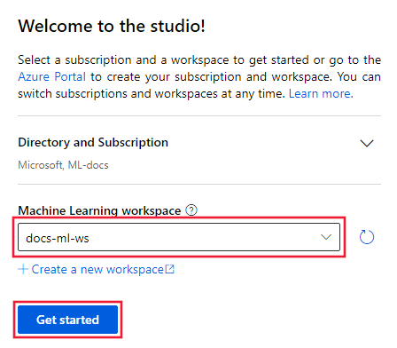 Capture d’écran du formulaire de sélection d’un espace de travail Machine Learning.